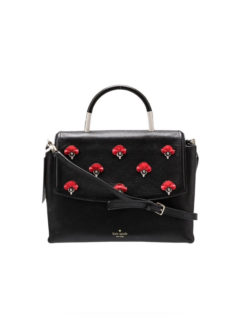 Kate Spade Dorina Carley Street Black Leather w/ Red Poppy Flowers Satchel Bag
